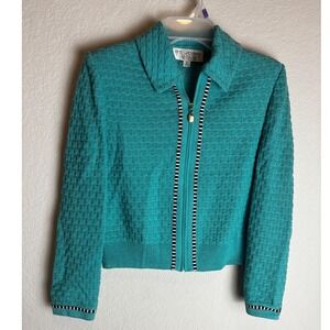 St John Collection Marie Gray Teal Knit Zip Jacket Striped Trim Size 2